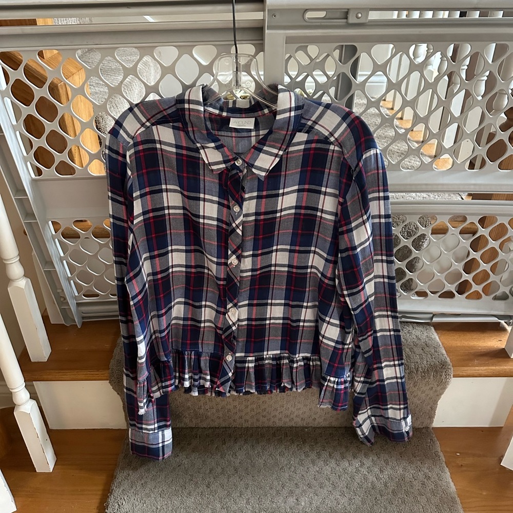 Abound Ruffle Hem Plaid Button Front Shirt Blouse